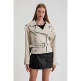 Kadın Oversize Biker Deri Ceket - Bej - M