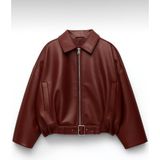 Kadın Oversize Bomber Suni Deri Ceket | Yeni Sezon Kemerli Biker Ceket - Bordo - XL