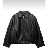 Kadın Oversize Bomber Suni Deri Ceket | Yeni Sezon Kemerli Biker Ceket - Siyah - XL