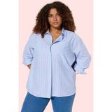 Kadın Oversize Çizgili Poplin Gömlek Rahat Günlük Kombinler Hafta Sonu Yaz Aylarının Vazgeçilmezi - 42 - Mavi