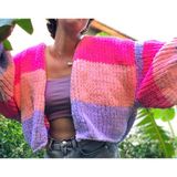 Kadın Oversize Çok Renkli Pembe Hırka Salaş Ceket Pofidik Yumuşak Dokulu Crop - Standart
