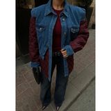 Kadın Oversize Denim Kapitone Mont – Bordo Kol Detaylı Şık Sonbahar Kış Montu - Açık Lacivert - Bordo