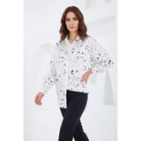 Kadın Oversize Desenli Saten Siyah Beyaz Gömlek - 38