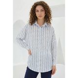 Kadın Oversize Desenli Saten Turkuaz Gömlek - 36