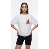 Kadın Oversize Düz Renk Panda Dijital Baskılı Bisiklet Yaka Basic Tişört