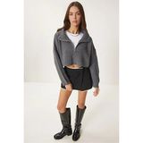 Kadın Oversize Fermuarlı Crop Triko Kazak - Antrasit
