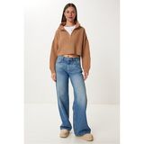 Kadın Oversize Fermuarlı Crop Triko Kazak - Bisküvi