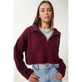 Kadın Oversize Fermuarlı Crop Triko Kazak - Bordo