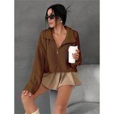 Kadın Oversize Fermuarlı Crop Triko Kazak - Kahve