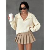 Kadın Oversize Fermuarlı Crop Triko Kazak - Ten