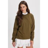 Kadın Oversize Geniş Kesim %100 Pamuk 2 İplik Bisiklet Yaka Haki Sweatshirt