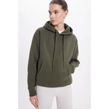 Kadın Oversize Geniş Kesim Pamuklu Yumuşak Dokulu İçi Polarlı Basic Yeşil Kapüşonlu Sweatshirt