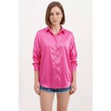Kadın Oversize Kesim Saten Fuşya Gömlek - 42