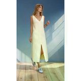 Kadın Oversize Müslin Derin V Yaka Askılı Kolsuz Yırtmaçlı Uzun Günlük Elbise Sarı 700-3419385