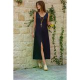 Kadın Oversize Müslin Derin V Yaka Askılı Kolsuz Yırtmaçlı Uzun Günlük Elbise Siyah 700-3419385