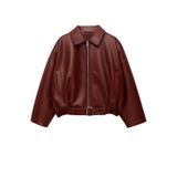 Kadın Oversize Suni Deri Bomber Ceket – Kemerli, Fermuarlı Kısa Mont – Sonbahar/Kış Ceket – Şık ve Rahat Günlük Stil (Bordo, S)