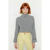 Kadın Oversize Super Crop Balıkçı Yaka Kışlık Triko Kazak Uzun Kollu Rahat Ve Şık Stil Kaliteli -Gri-L