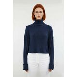 Kadın Oversize Super Crop Balıkçı Yaka Kışlık Triko Kazak Uzun Kollu Rahat Ve Şık Stil Kaliteli -Indigo-S