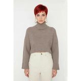 Kadın Oversize Super Crop Balıkçı Yaka Kışlık Triko Kazak Uzun Kollu Rahat Ve Şık Stil Kaliteli -Kahverengi-S