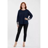 Kadın Oversize Triko Kazak - Leopar Detaylı Kol - Lacivert
