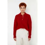 Kadın Oversize Triko Polo Yaka Saç Örgü Düşük Kollu Rahat Kışlık Basic Stil Kazak Kaliteli -Kırmızı-XS
