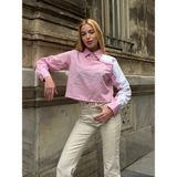 Kadın Özel Tasarım Yaka Koldan Giymeli Düğmeli Çizgi Garnili Crop Boy Tesettüre Uygun Bluz Gömlek - 2XS - Pembe