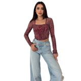 Kadın Paisley Desenli Kare Yaka Bluz – Rust Bloom, bordo, m