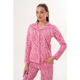 Kadın Pamuk Gömlek Yaka Önden Düğmeli Pembe Pijama Takımı 7023