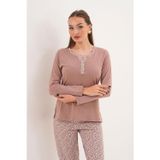 Kadın Pamuk Minimal Desen Açık Yaka Patlı Toprak Pijama Takımı 7033