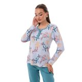 Kadın Pamuk Modal Çiçekli Açık Patlı Mavi Pijama Takımı 7001