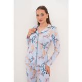 Kadın Pamuk Modal Gömlek Yaka Önden Açık Mavi Pijama Takımı 7003