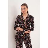 Kadın Pamuk Modal Gömlek Yaka Önden Düğmeli Siyah Pijama Takımı 7010