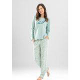 Kadın Pamuklu Bisiklet Yaka Yaprak Baskılı Uzun Kollu Pijama Takımı 9923 Su Yeşili - 2XL