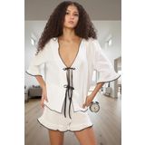 Kadın Pamuklu Bohem Pijama Takımı Müslin Kumaş Şortlu Fiyonklu Dayanıklı Malzeme