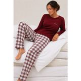 Kadın Pamuklu Bordo Uzun Kollu Love Baskılı Ekose Desenli Pijama Takımı