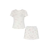 Kadın Pamuklu Çiçek Desenli Kısa Kollu Şortlu Pijama Takımı Pembe - Beyaz