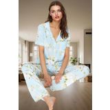 Kadın Pamuklu Çiçek Desenli Pijama Takımı Rahat Kalıp Uzun Paça Modern Stil Kaliteli İşçilik