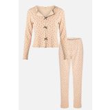 Kadın Pamuklu Çıtır Çiçek Desenli Baby Overloklu Fiyonk Detaylı Uzun Kollu Pijama Takımı KO70142-2 M