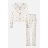 Kadın Pamuklu Çıtır Çiçek Desenli Baby Overloklu Fiyonk Detaylı Uzun Kollu Pijama Takımı KO70142-3 L