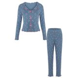 Kadın Pamuklu Çıtır Çiçek Desenli Baby Overloklu Fiyonk Detaylı Uzun Kollu Pijama Takımı XL Mavi - Pembe