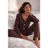 Kadın Pamuklu Çıtır Çiçek Desenli Baby Overloklu Fiyonk Detaylı Uzun Kollu Pijama Takımı