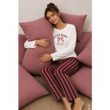 Kadın Pamuklu Çizgili Desenli Baskılı Uzun Kollu Pijama Takımı