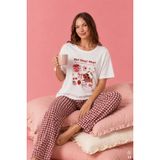 Kadın Pamuklu Ekru Kısa Kollu Baskılı Ekose Desenli Pijama Takımı