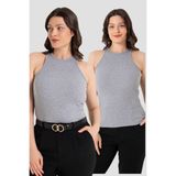 Kadın Pamuklu Fitilli Görünümlü Halter Yaka Basic Gri Atlet 2'li Paket - XL
