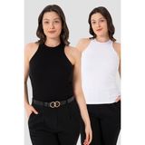 Kadın Pamuklu Fitilli Görünümlü Halter Yaka Basic Siyah - Beyaz Atlet 2'li Paket - XL