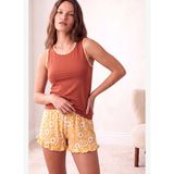 Kadın Pamuklu Kiremit-Sarı Çiçek Desenli Kolsuz Biye Detaylı Fırfırlı Şortlu Pijama Takımı PJJADE