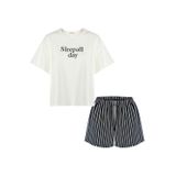 Kadın Pamuklu Kısa Kollu Siyah Çizgili Şortlu Pijama Takımı