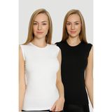 Kadın Pamuklu Likralı Bisiklet Yaka Kolsuz Tişört Beyaz - Siyah 2'li Set - XL - Siyah - Beyaz