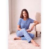 Kadın Pamuklu Mavi Çiçek Desenli Kısa Kollu Düğme Detaylı Uzun Altlı Pijama Takımı PJOLIVIA