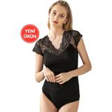 Kadın Pamuklu Modal Esnek Yumuşak Önü Dantel Detaylı V Yaka Atlet - Siyah - 2XL